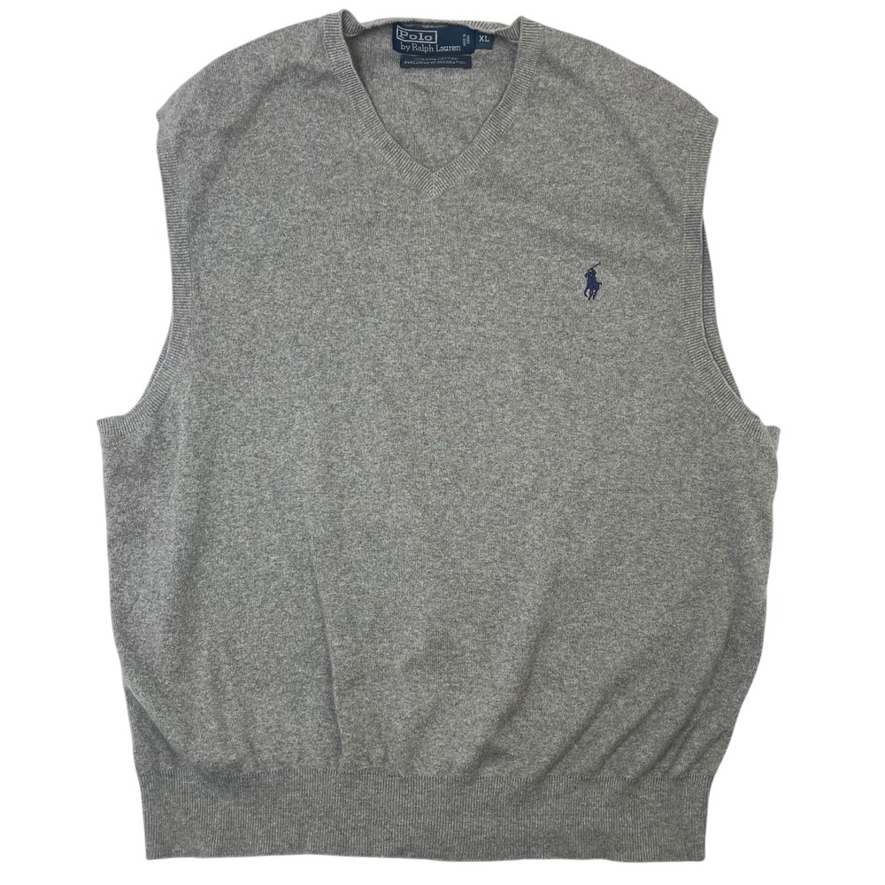 Vintage Polo Ralph Lauren Men's Sweater Vest XL Gray 100% Pima Cotton Navy Pony